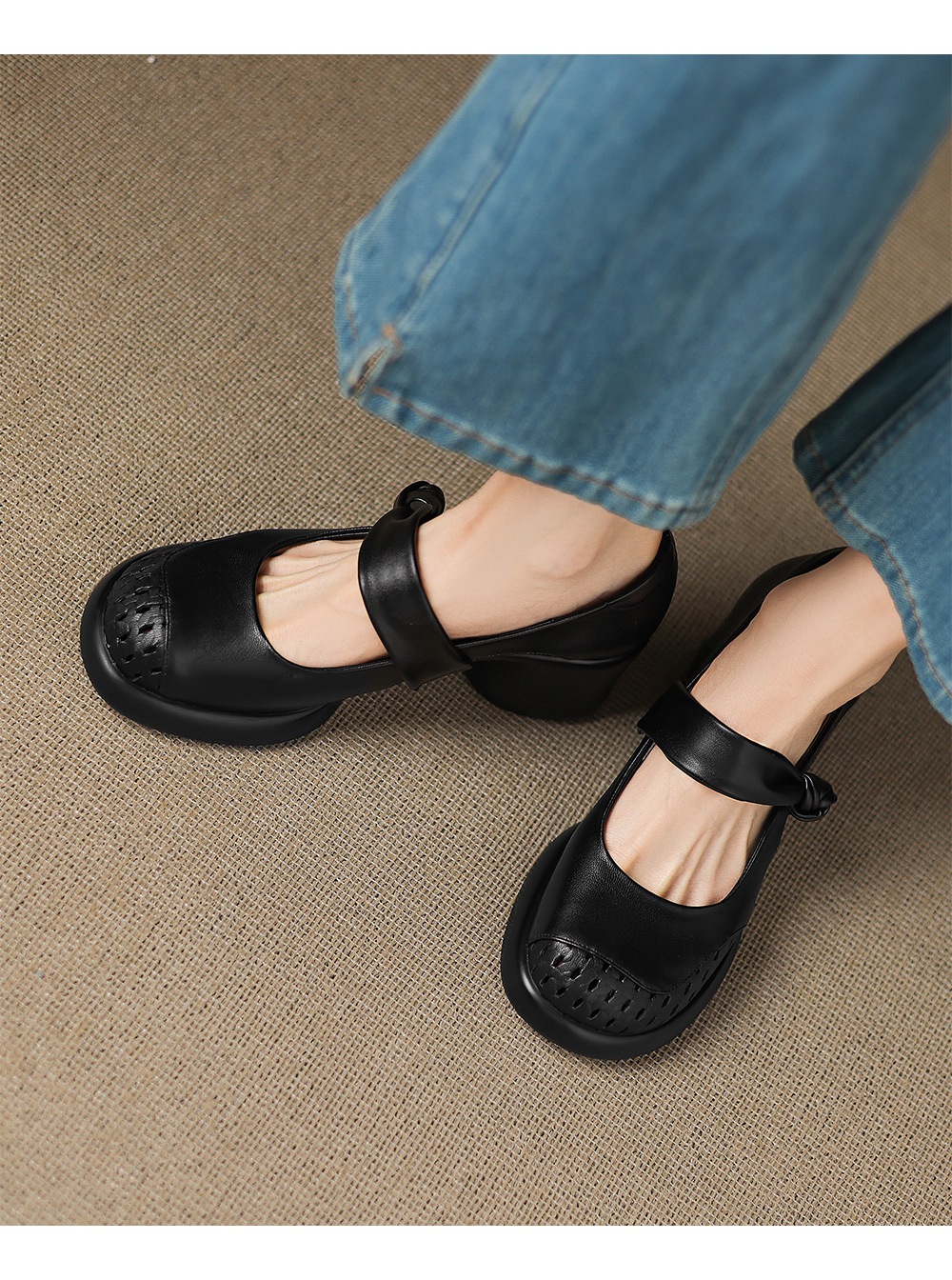 Giày sandal cao gót nữ quai ngang da bò mũi kín gót dày — đen chi tiết 12