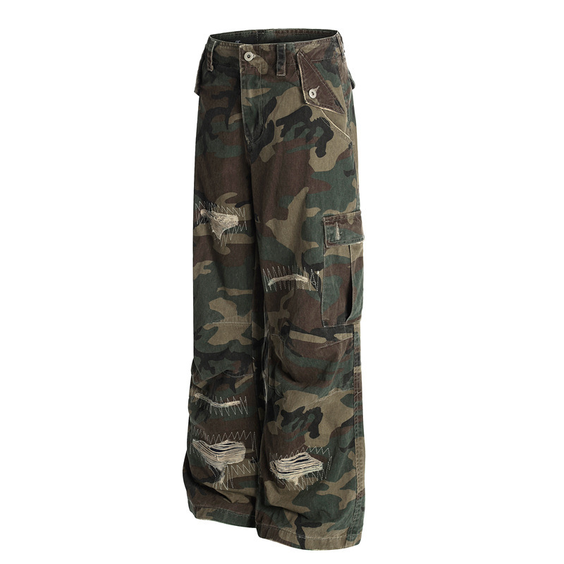 Dc+Z013 American-Style Cool Ripped Patch Vibe Camouflage Cargo Pants for Men, Loose Straight-Leg Design Casual Pants Dc+Z013 American-Style Cool Ripped Patch Vibe Camouflage Cargo Pants for Men, Loose Straight-Leg Design Casual Pants