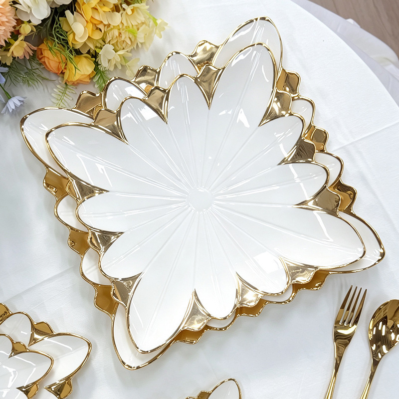 Cross-border light luxury hotel ceramic tableware set, high-end gold-rimmed plates, Western-style dinner plates, electroplated square soup plates