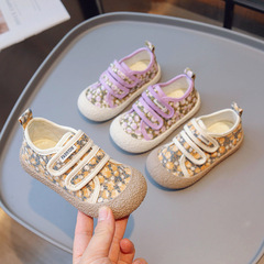 2025 春と秋の韓国スタイル子供花柄キャンバスシューズ子供のベルクロベビーシューズ男の子と女の子のためのカレッジスタイルのキャンパスシューズ