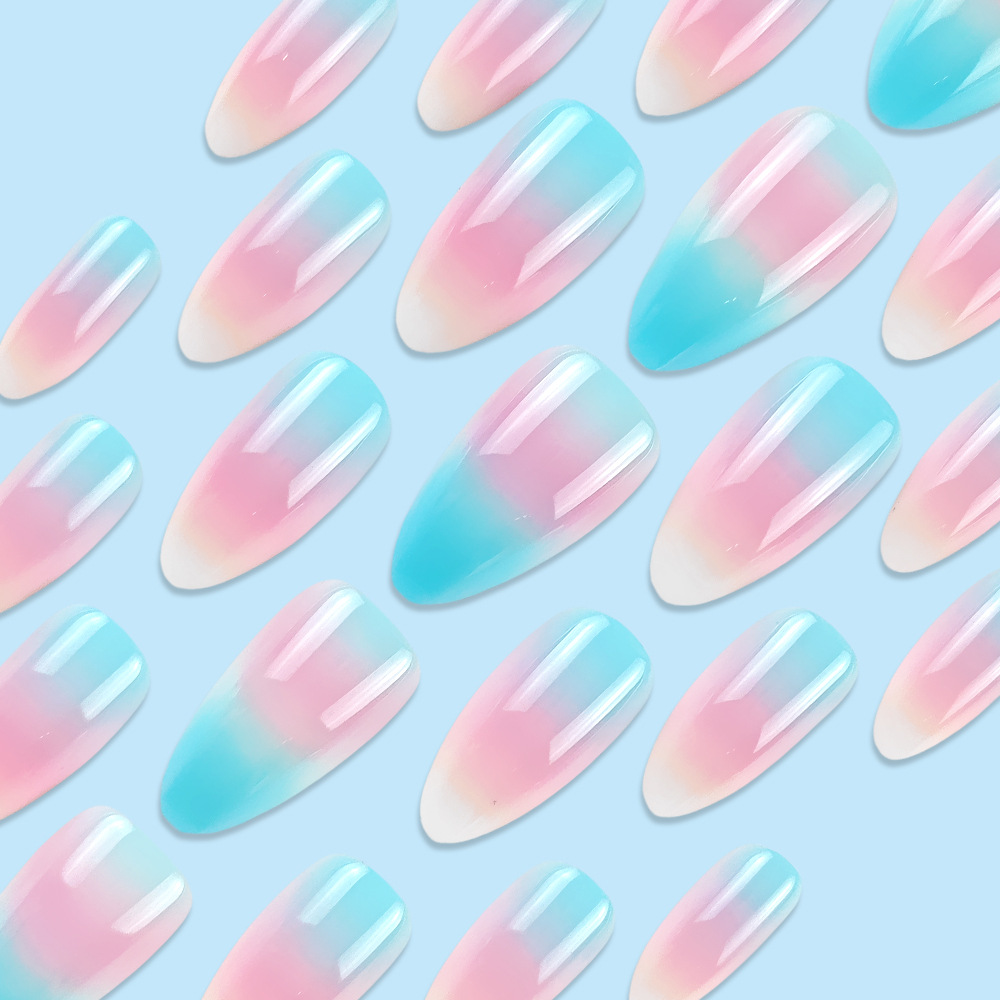 Comercio exterior azul polvo gradiente almendras Uña de vestir en Europa y los Estados Unidos de manicure 24 piezas uñas falsas uñas al por mayor