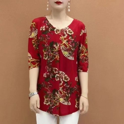 2025 Spring Summer Kun Mom Printed Women's Top Loose Matchy Matchy Middle-Aged Base Shirt Top