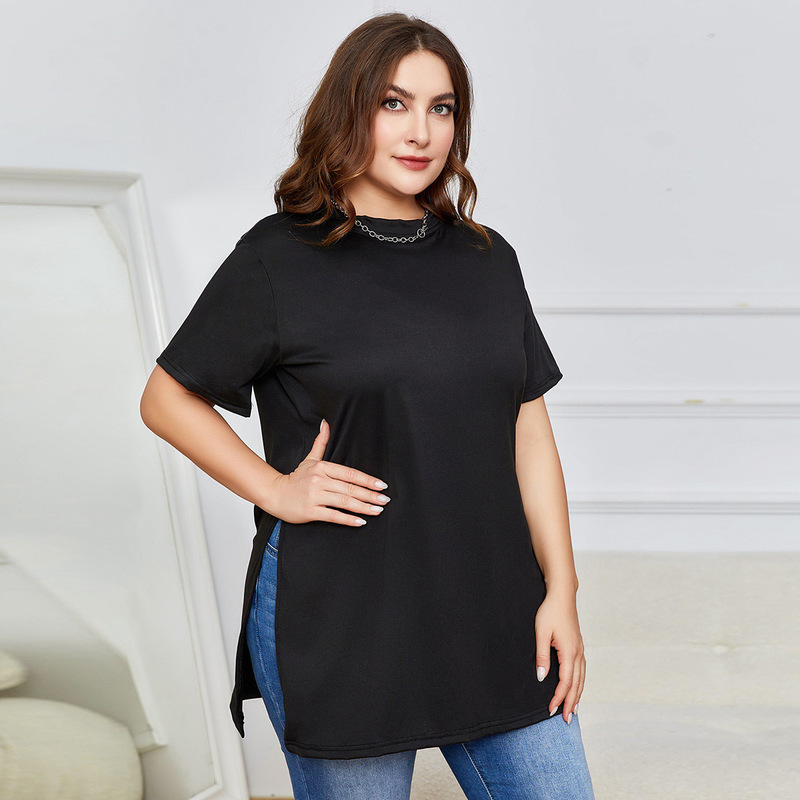 Cross-border Europe and the United States Amazon plus size slit long T-shirt women 2025 spring and summer casual Joker loose half sleeve in stock