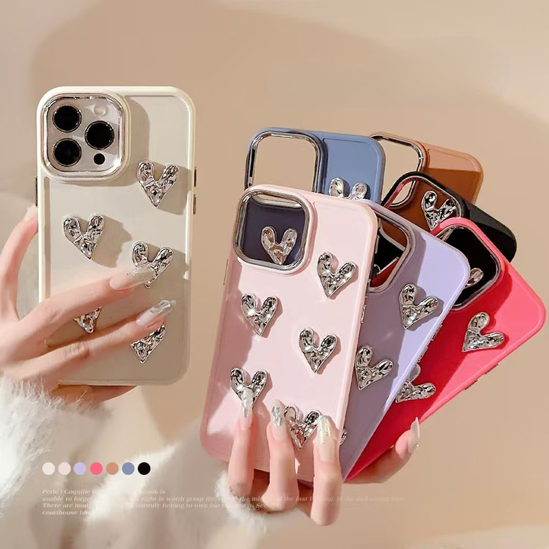 Electroplated Heart iPhone 17 16 Mobile Phone Case 13 Apple 12 Pleated 11 Suitable for 15Pro Max Metal Style