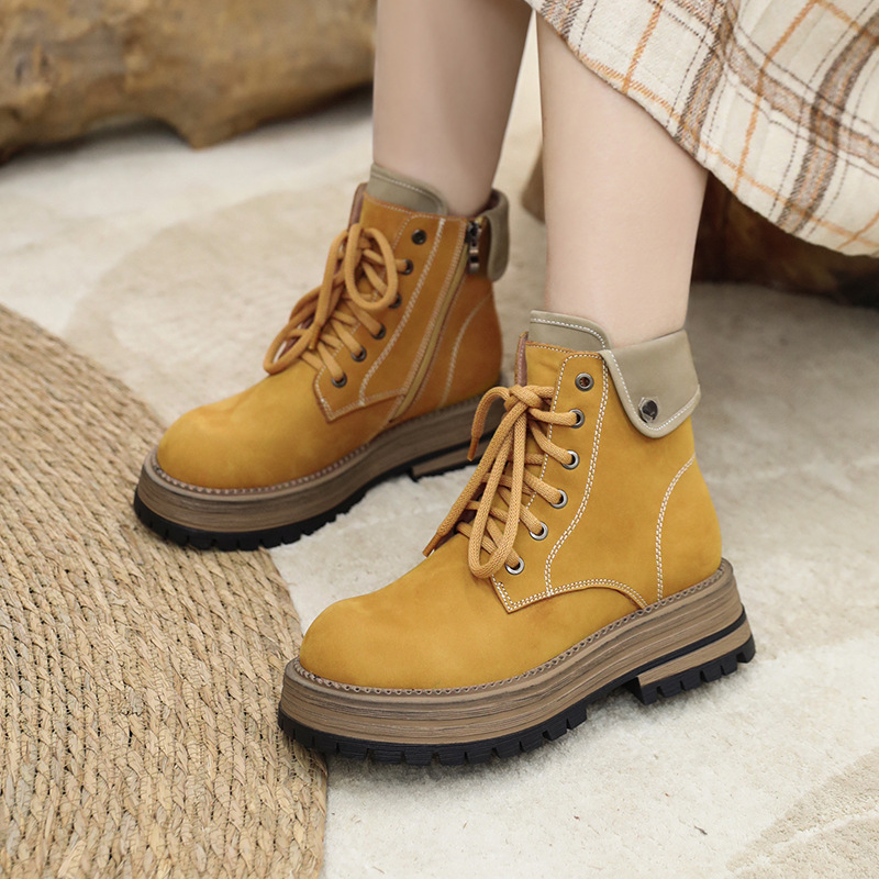 Leather cutter cowhide round toe casual lace-up Martin boots…