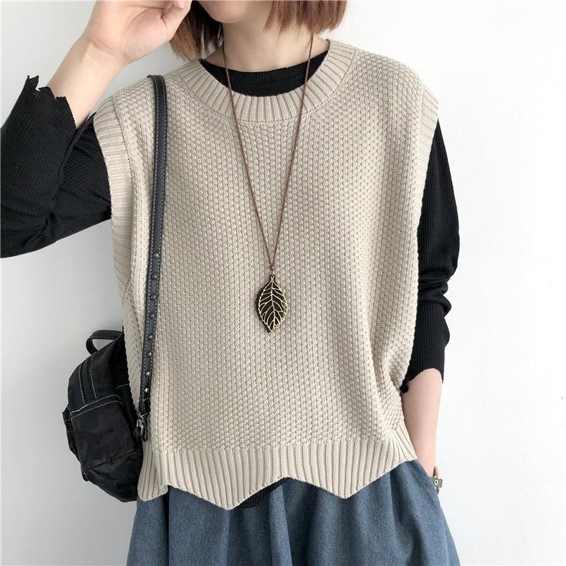 Knitted Vest for Women's Outer Wear in Spring and Autum, High-end Pure Color Loose Round Neck Pullover, Asymmetrical Layered Vest Knitted Vest for Women's Outer Wear in Spring and Autum, High-end Pure Color Loose Round Neck Pullover, Asymmetrical Layered Vest