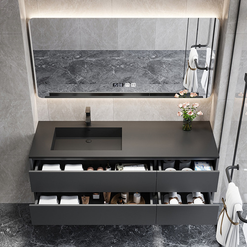 Modern slab integrated bathroom vanity set: washbasin, restroom sink, hotel bathroom cabinet, and basin.