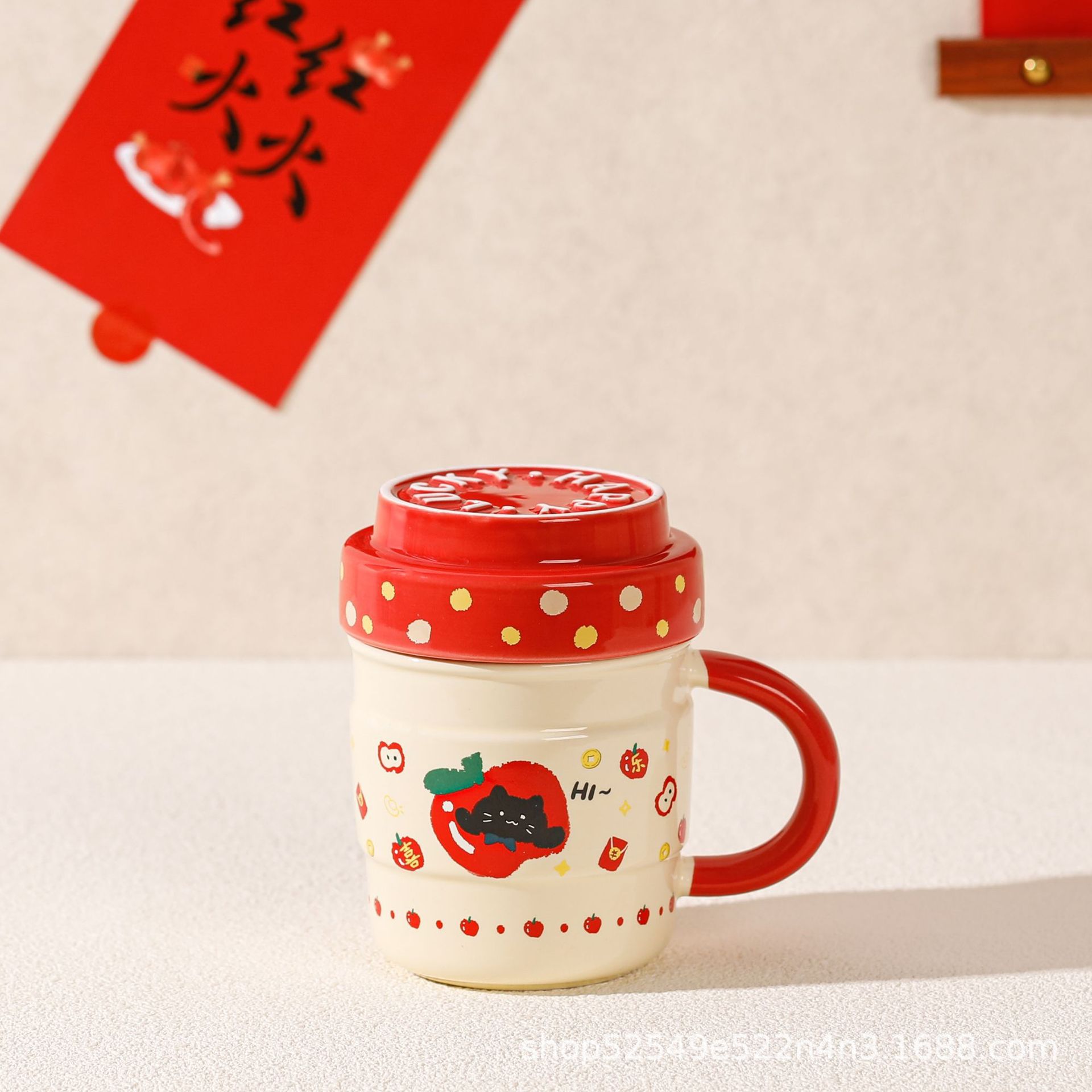 Cute con tapa manzana gatos tazas de cerámica creativas de gran capacidad de oficina pareja tazas de regalo de cumpleaños para hombres y mujeres