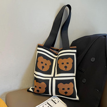 新款可爱卡通小熊针织单肩手提包春夏百搭休闲格子大容量托特包女
