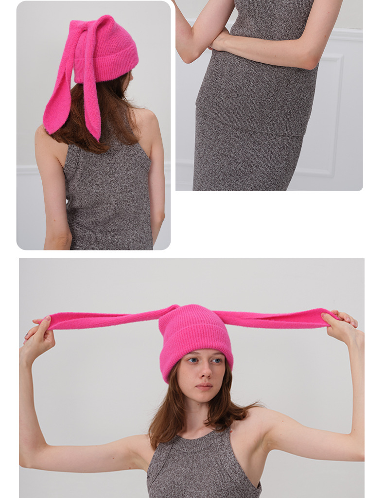 Unisex Rabbit Ears Beanie Warm Thickened Solid Colour Hat_voghion.com