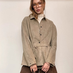 2025秋季新款欧美跨境女装卡其色外套文艺风修身显瘦系带收腰衬衣