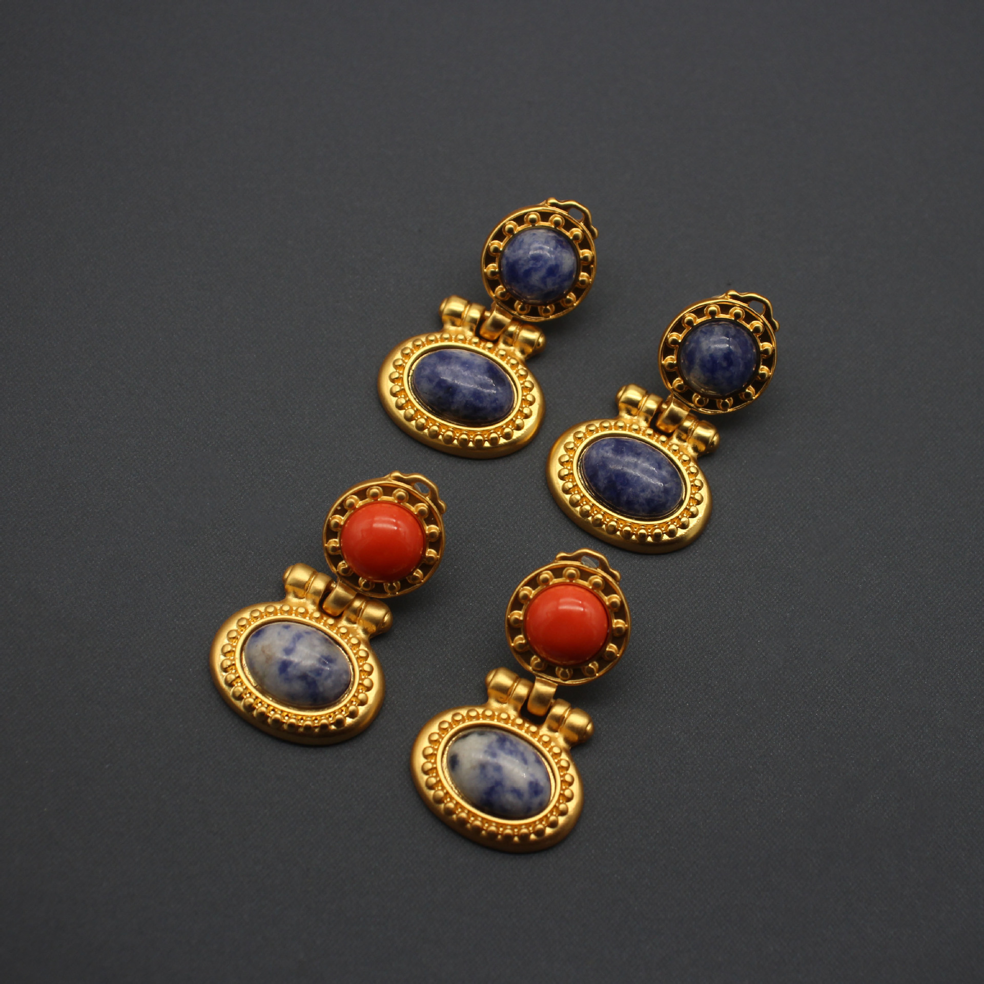 Retro Oval Copper Plating Inlay Artificial Gemstones Drop Earrings 1 Pair