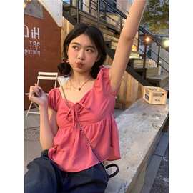 2023甜美风粉色方领短袖衬衫女夏季显瘦娃娃衫短款ins绑带上衣
