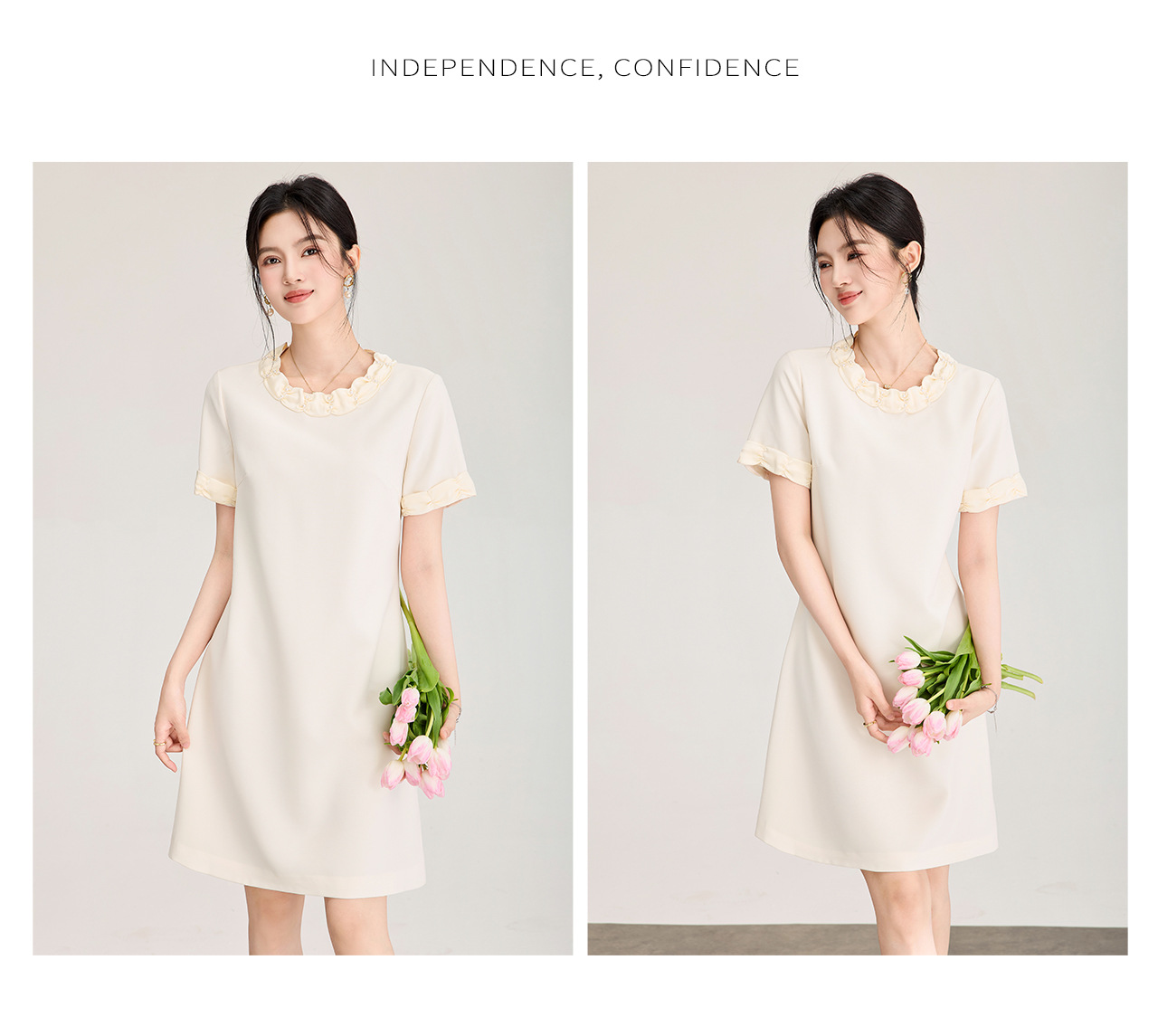 Đầm suông midi cổ điển Pháp đính cườm, phối màu tương phản — màu đen chi tiết 13
