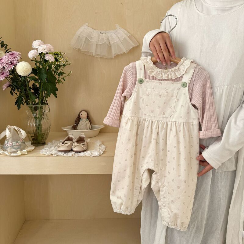 Korean-Style A-Class Floral Baby Romper with Ruffle Collar, Long-Sleeve Base Shirt for Baby Girls, Autumn Newborn Crawling Outfit