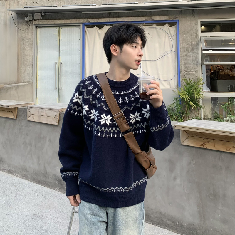 Fair Isle Sweater for Men, Autumn and Winter, Lazy Style, American Retro, Loose Fit, Crew Neck, Pullover, Casual Knitwear for Teenagers