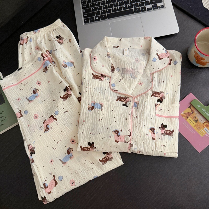 Venta al por mayor transfronteriza otoño nuevo estilo caliente pijamas de algodón de la nube pantalones de manga larga de las mujeres solapa linda rebeca dulce servicio a domicilio