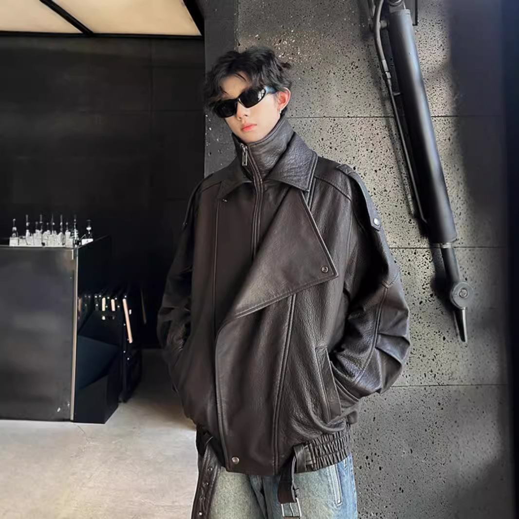 Men's leather jacket, 2024 spring and autumn new style, American retro, clean fit, cool and loose PU leather stand collar jacket