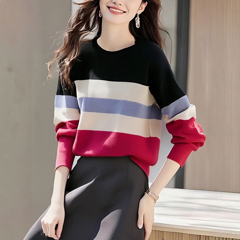 Women's Sweater 2025 Autumn and Winter New Knitted Bottoming Shirt Round Neck Contrast Color Striped Long Sleeve Top Loose Thin Style