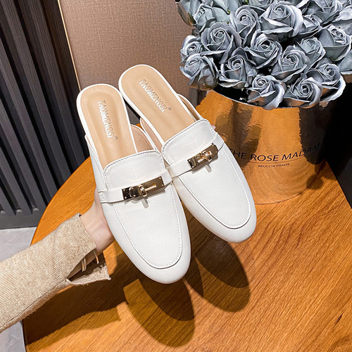 【Su Yinyin's Same Style】 Must Buy for Detailers_Classic Lock Buckle Genuine Leather Toe Half Slide Women's Mules Outdoor Slippers 