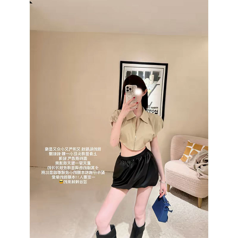 Cher Qiao'Er [Ant Waist] Retro Workwear Style Short Shirt for Women Summer Casual Puff Sleeve Jacket Top