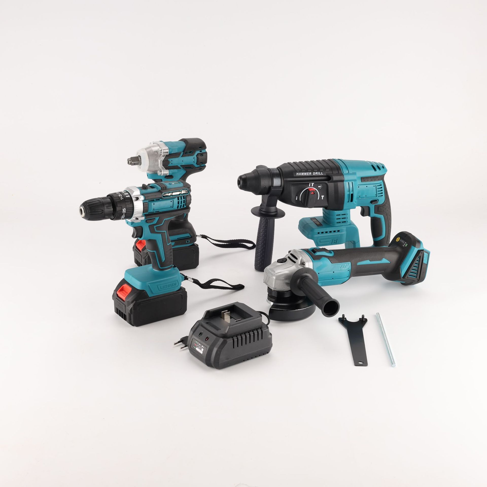 Herramientas de batería de litio multifuncionales transfronterizas de cuatro piezas Taladro eléctrico de mano Llave eléctrica Amoladora angular Martillo eléctrico Herramientas eléctricas Daquan