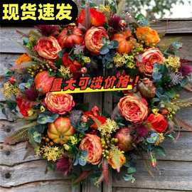 跨境爆款Fall Peony and Pumpkin Wreath 秋季牡丹万圣节南瓜花环