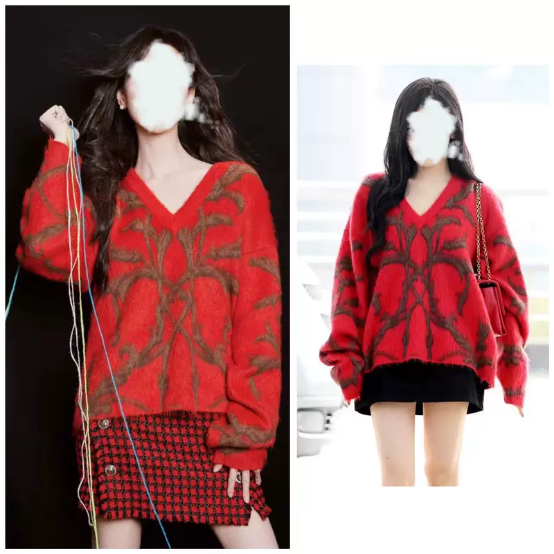 Red winter sweater, woolen knitted shirt, oversize
