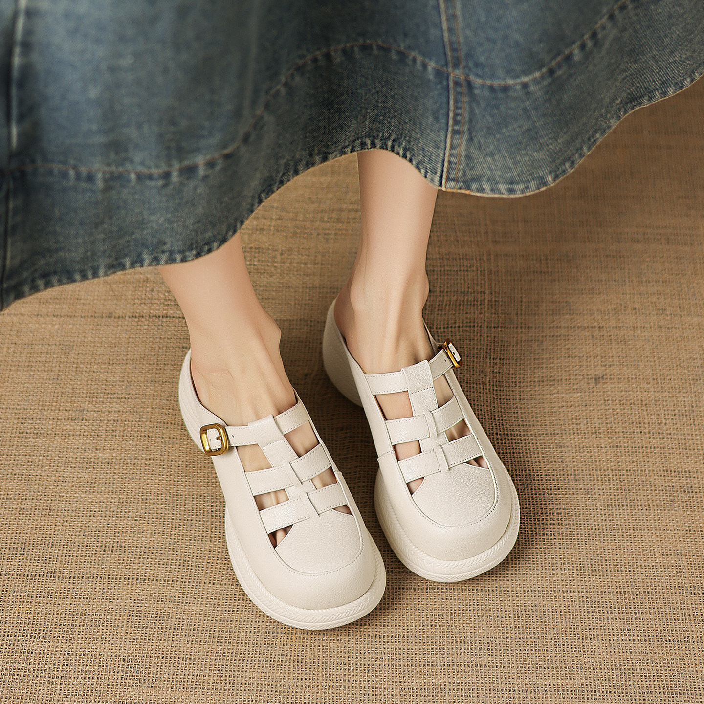Sandal cao gót nữ mũi hở đế dày da cừu kiểu dệt lỗ — màu trắng ngà
