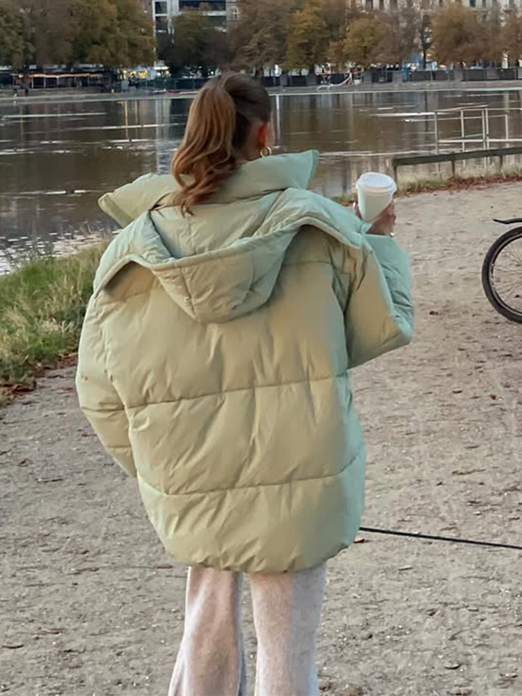 Temperamento de moda ocio de color sólido con sombrero de manga larga bolsillo abrigo de algodón 2025 otoño y invierno nuevo estilo europeo y americano transfronterizo