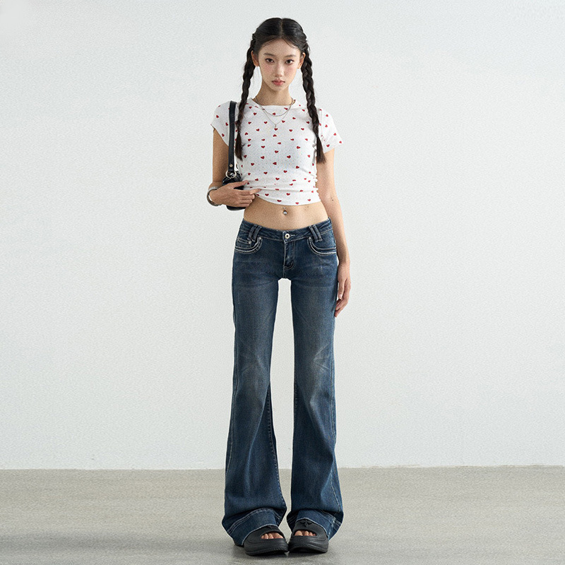 American-Style Women's Jeans 2026 Summer New Vintage Washed Blue Floor-Length Hot Girl Elastic Ultra-Low Waist Flared Pants American-Style Women's Jeans 2026 Summer New Vintage Washed Blue Floor-Length Hot Girl Elastic Ultra-Low Waist Flared Pants