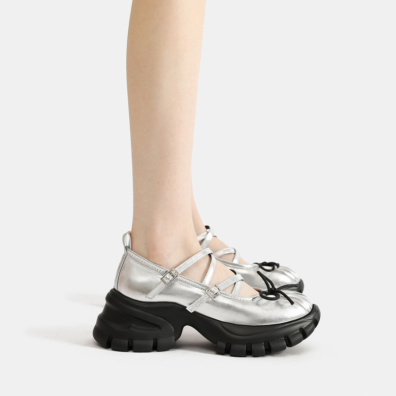 Mary Jane Women's Shoes 2026 New Style Platform Thick-Soled Silver Ballet Leather Shoes Spring and Autumn Casual Sneakers Dad Shoes