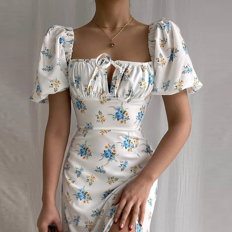 Elegant Temperament Commute Style Basic Model Square Neck Printing Backless Short Sleeve Ditsy Floral Midi Dress display picture 30