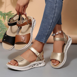 Amazon Cross-Border Large Size Women's Shoes Soft Sole 2025 New Wedge Heel Elastic Sandals Beach Shoes Temu Dropshipping