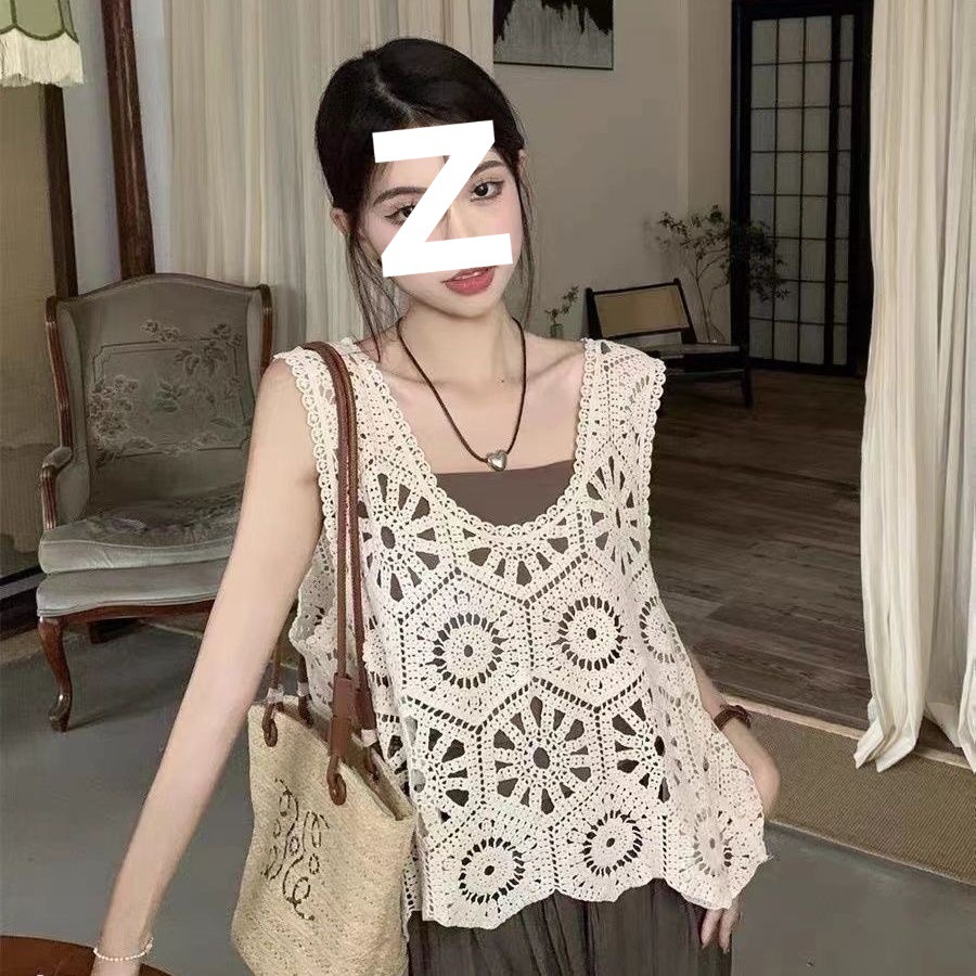Bohemian Style Crochet Hollow Knitted Vest Vest for Women Summer Outer Wear Layered Suspender Blouse Top Mesh