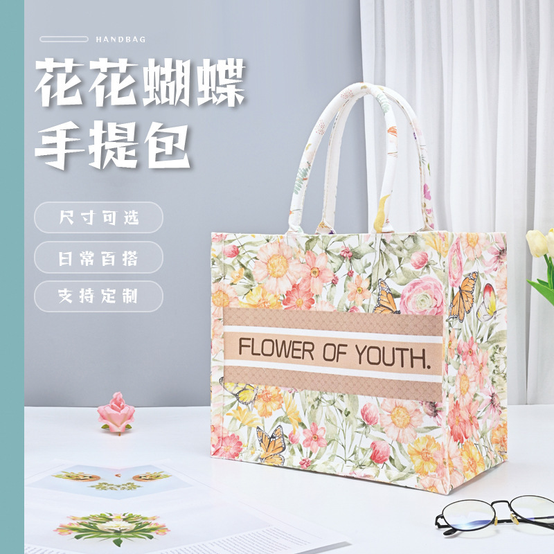 Large Capacity Canvas Bag with Floral Butterfly Design, Factory Multi-Pocket Wholesale Women's Gift Tote Bag
