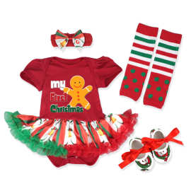 2021圣诞节欧美热销婴儿连衣裙哈衣裙四件套姜饼人卡通节日装扮