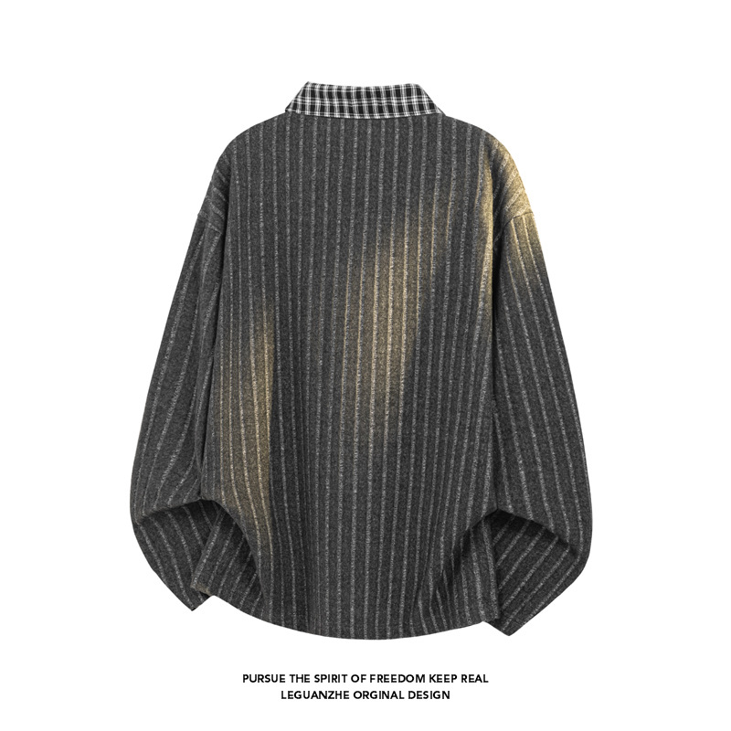 T-shirt a maniche lunghe da uomo con colletto risvoltato a quadri in stile coreano, look giovanile e pulito per la primavera, stile americano_voghion.com