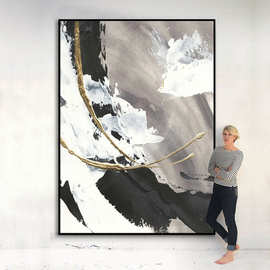 油画手绘黑白工业风抽象巨幅玄关落地装饰轻奢大气走廊过道挂画