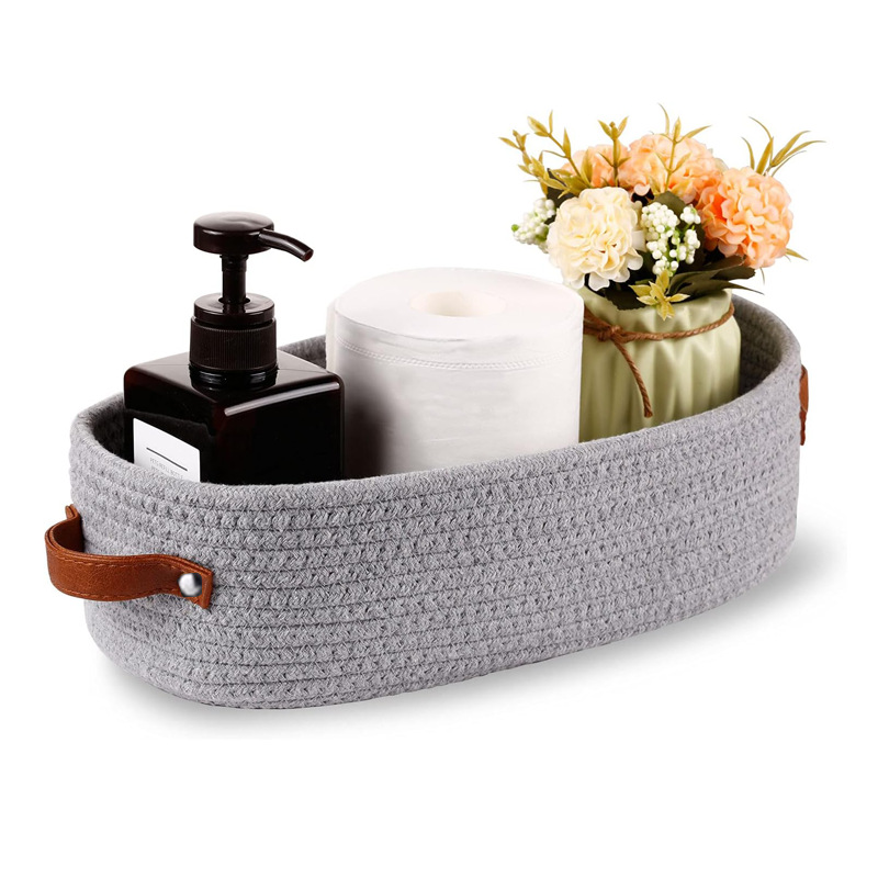 Amazon Cross-border funds oval leather handle cotton rope toy bathroom storage basket storage basket