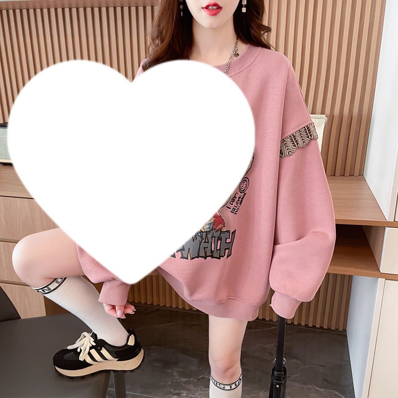 느슨한 틈새 디자인 센스 스웨트 셔츠 여성의 봄과 가을 2024 폭발 나이 감소 슬리밍 플러스 사이즈 통통녀 얇은 둥근 목 탑