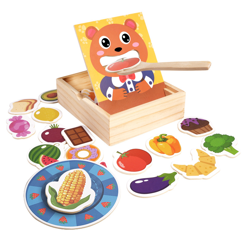 Caja de madera para niños de madera, forma de oso, divertido juego de alimentación, rompecabezas, diseño de plato, juego interactivo de educación temprana