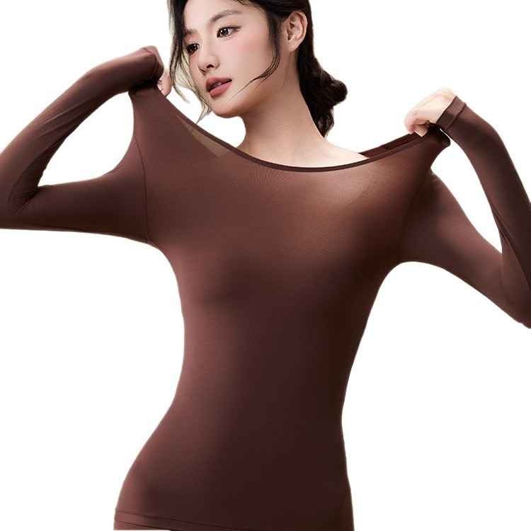 Otoño y invierno camellia fragancia ropa de belleza de cuello redondo sin marca alta elástica antiestática ajuste de base cálido conjunto