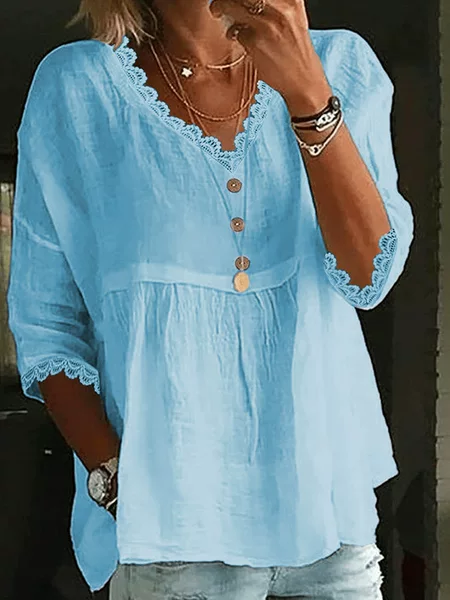 2025 Foreign Trade Cross-border New Women's Casual Seven-point Sleeve Lace V-neck Pullover Multicolor Women's Top Shirt