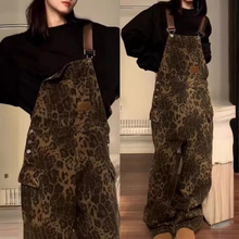 美式复古豹纹牛仔背带裤女春秋冬宽松高级感独特休闲百搭直筒长裤