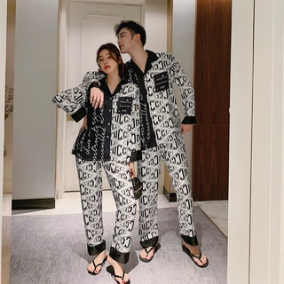 春季丝绸长袖长裤印花情侣睡衣 冰丝少女时尚洋气欧版 情侣家居服
