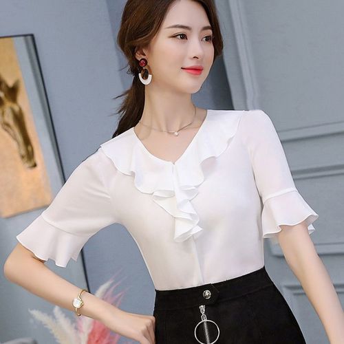 Women's Short Sleeve Summer Korean Style Collar Fitted Slimming Casual Versatile Plus Size Bell Sleeve Top