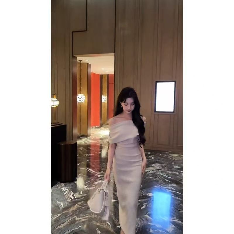 French-Style Socialite Temperament Off-Shoulder Satin Swing Collar Dress for Women, Autumn Popular High-End Mermaid Evening Gown Long Dress