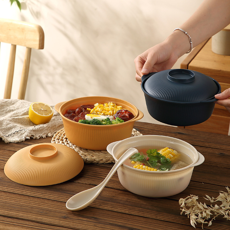 Cross-Border Pp Plastic Instant Noodle Bowl, Thickened Vertical Stripe Bowl, Imitation Porcelain Casserole Soup Bowl, Household Rice Bowl, Portable Bowl and Spoon Set