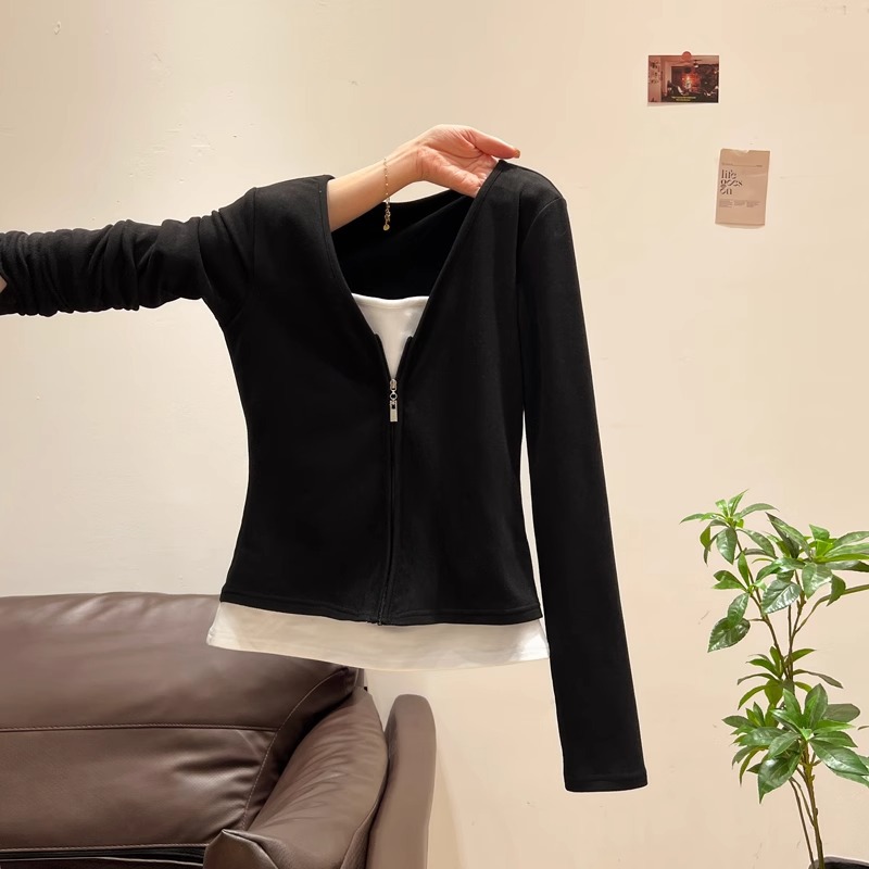 봄, 가을 여성용 블랙 지퍼 브이넥 스플라이스 페이크 투피스 긴팔 티셔츠, 고급 슬림핏 셔츠 상의